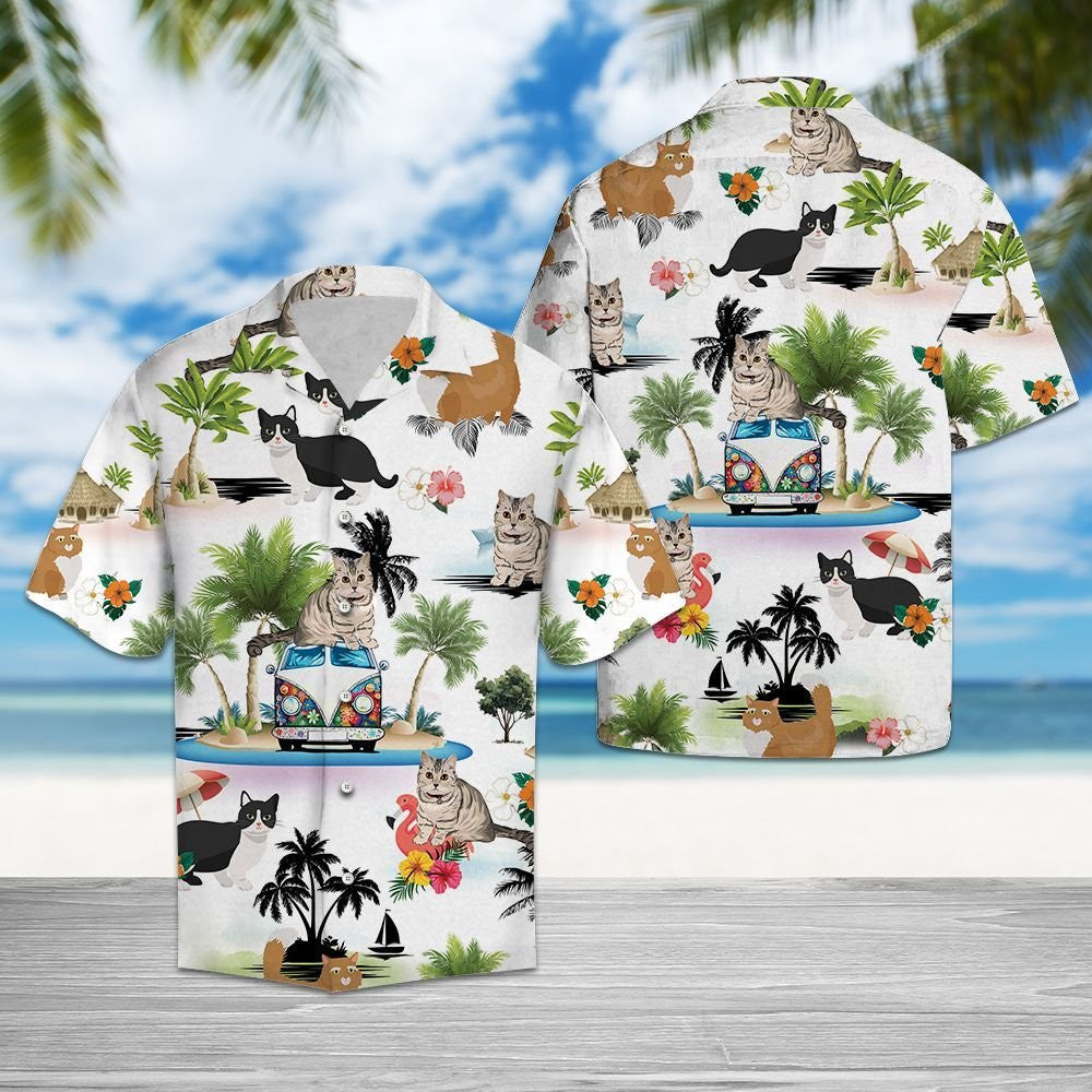 Hippie Van Munchkin Cat Enjoy Vacation Hawaiian Shirt, Hawaiian Shirt Gift, Christmas Gift