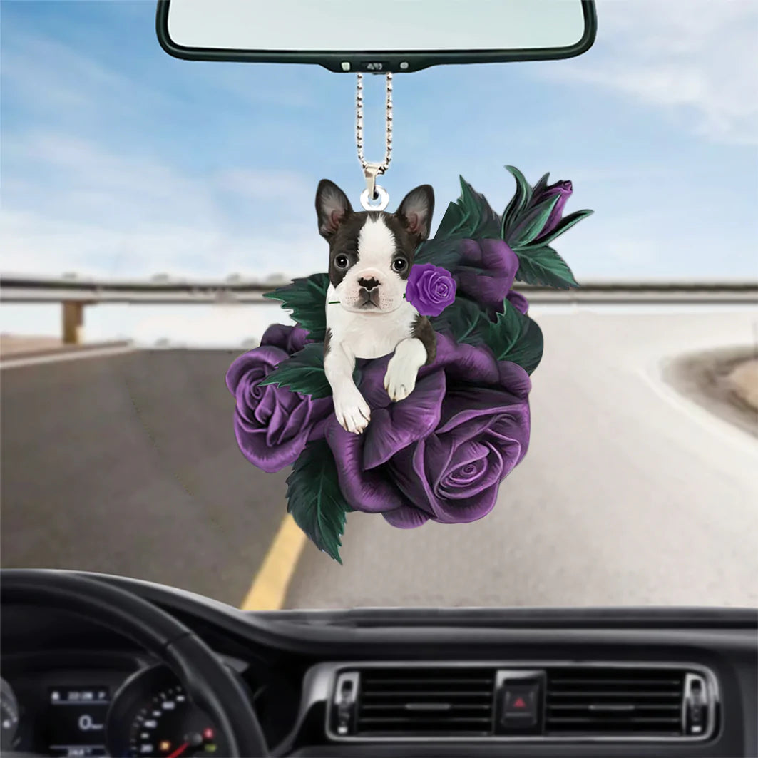 Boston Terrier In Purple Rose Car Hanging Ornament, Christmas Decoration