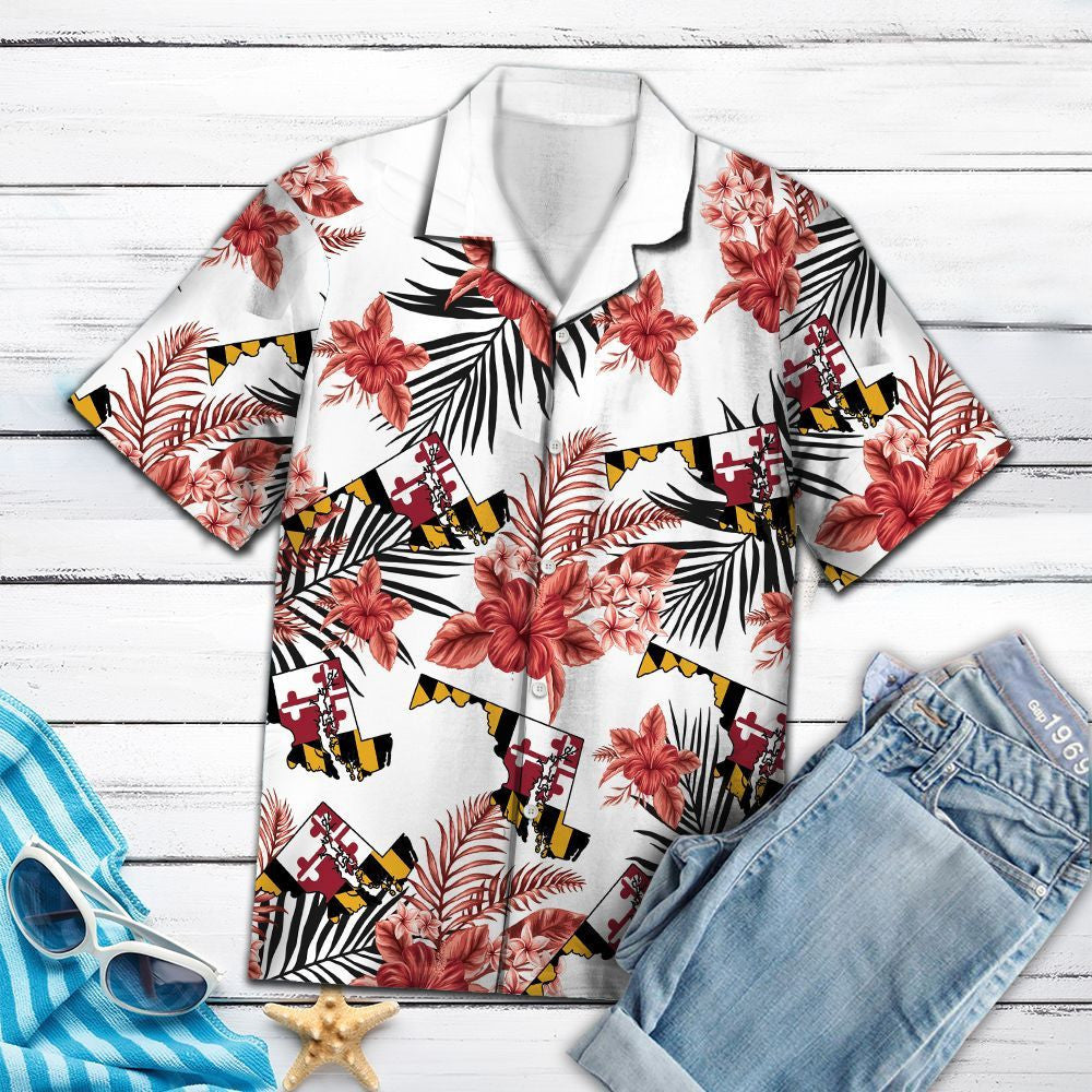 Maryland Flag With Red Hibiscus In White Hawaiian Shirt, Hawaiian Shirt Gift, Christmas Gift