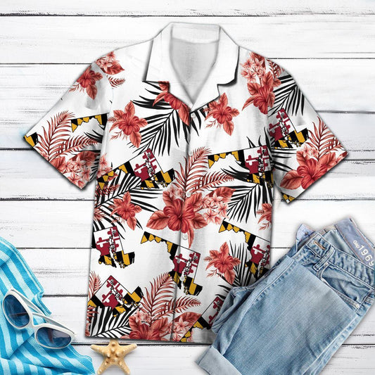 Maryland Flag With Red Hibiscus In White Hawaiian Shirt, Hawaiian Shirt Gift, Christmas Gift