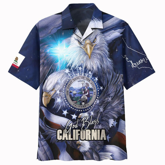 Cool Eagles God Bless California Theme Hawaiian Shirt,Hawaiian Shirt Gift, Christmas Gift