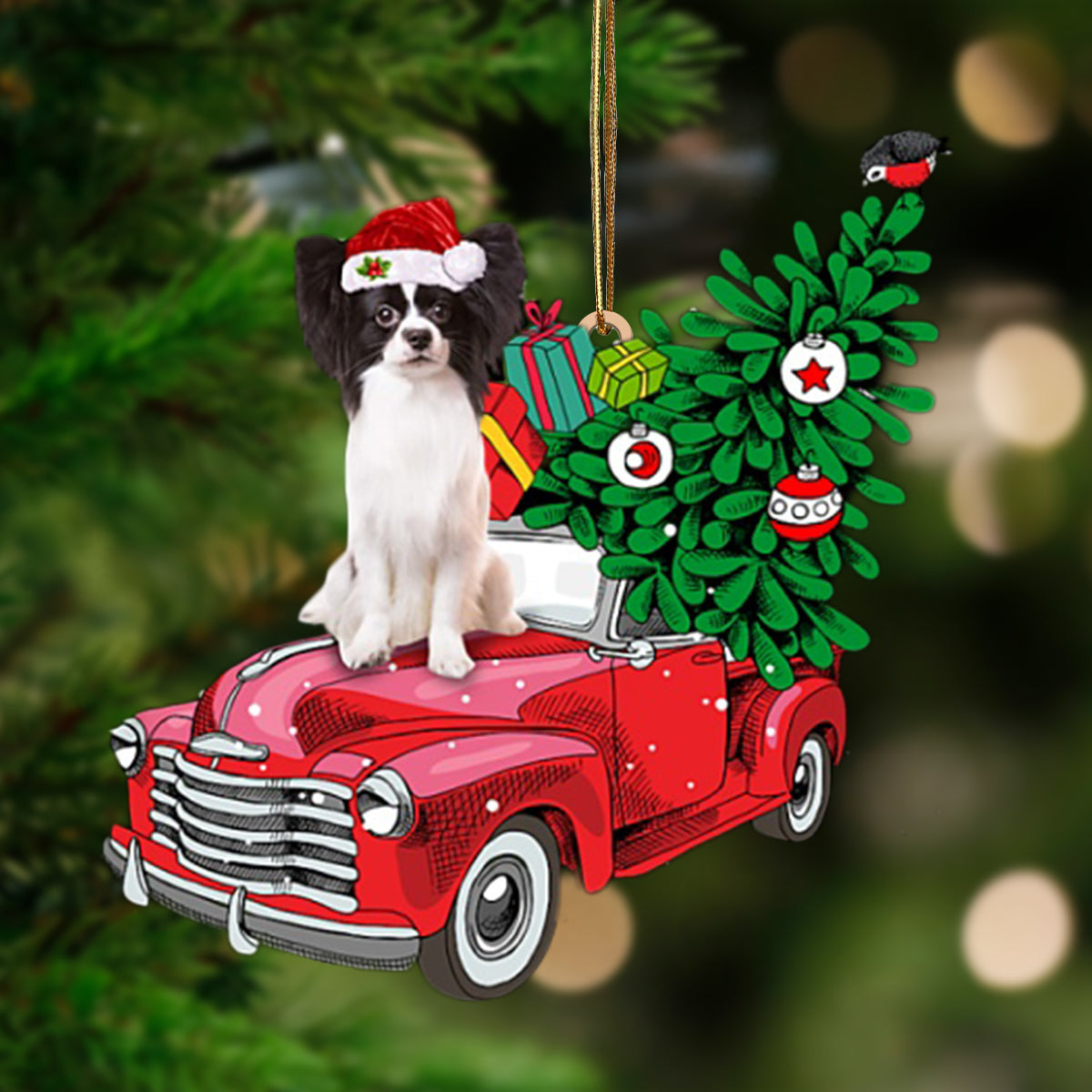 BLACK WHITE Papillon Phone Ca-Pine Truck Hanging Christmas Plastic Hanging Ornament, Christmas Ornament Gift, Christmas Gift, Christmas Decoration
