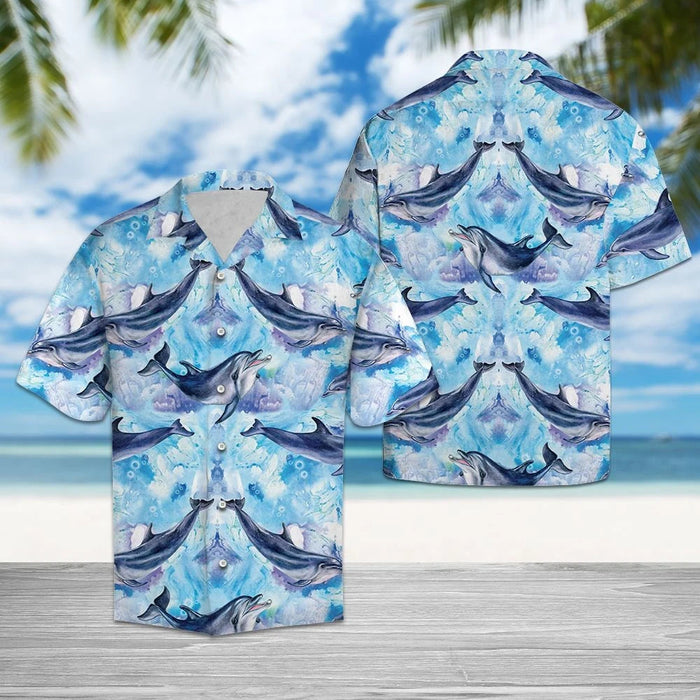 Blue Ocean With Dolphins Swimming Hawaiian Shirt, Hawaiian For Gift