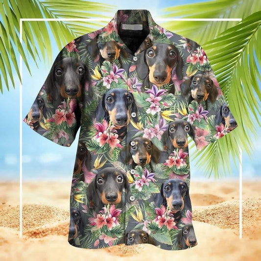 Funny Moment Of Dachshund In Tropical Jungle Hawaiian Shirt, Hawaiian Shirt Gift, Christmas Gift