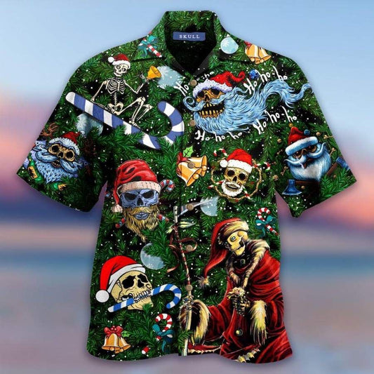 Christmas Ho Ho Ho Santa Skull Green Hawaiian Aloha Aloha Shirts Hawaiian Shorts Beach Short Sleeve_Hawaiian Shirt Gift, Christmas Gift