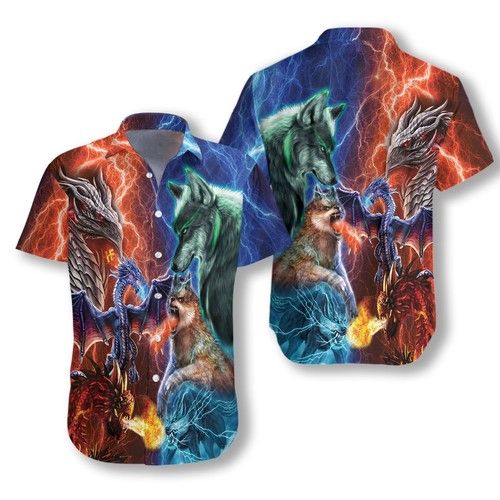 Dragon Vs Wolves Hawaiian Shirt_Hawaiian Shirt Gift, Christmas Gift