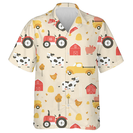 Hand Drawn Countryside Farm Car And Cow Hawaiian Shirt, Hawaiian Shirt Gift, Christmas Gift