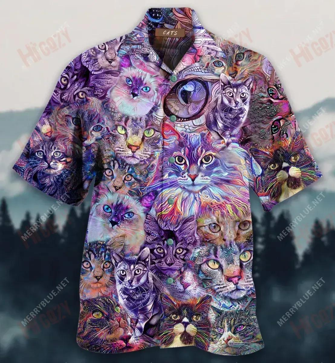 Psychedelic Cat Unisex Short Hawaiian Shirt Hobbies Aloha Shirt Best Hawaiian Shirts Funny Hawaiian Shirts, Hawaiian Shirt Gift, Christmas Gift