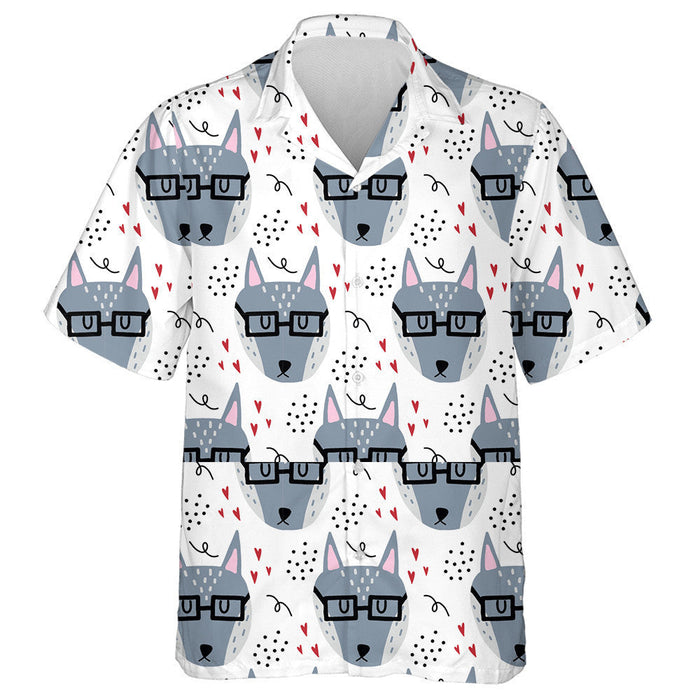 Grey Wolf With Glasses And Hearts Hawaiian Shirt,Hawaiian Shirt Gift, Christmas Gift