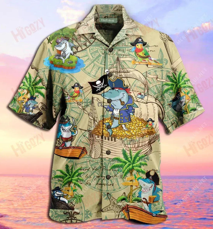 Amazing Pirate Shark Unisex Hawaiian Shirt Summer Short Sleeve Tactical Hawaiian Shirt Hawaiian Shirt Pattern, Hawaiian Shirt Gift, Christmas Gift