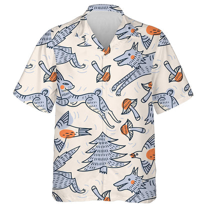 Running Wolf Cartoon Animals And Flying Birds Hawaiian Shirt, Hawaiian Shirt Gift, Christmas Gift
