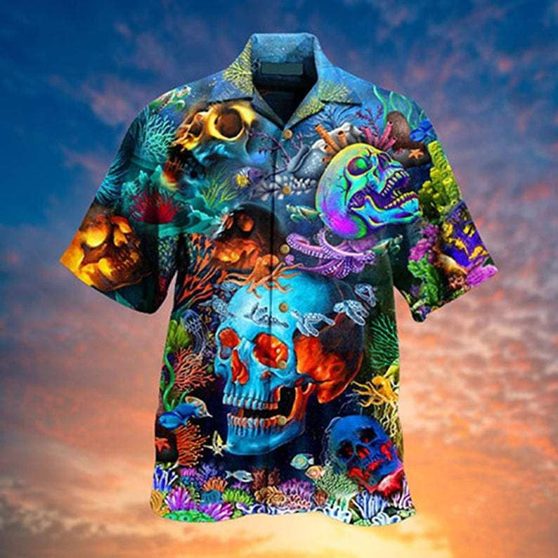 Skull Hippie In Ocean Background Hawaiian Shirt,Hawaiian Shirt Gift, Christmas Gift