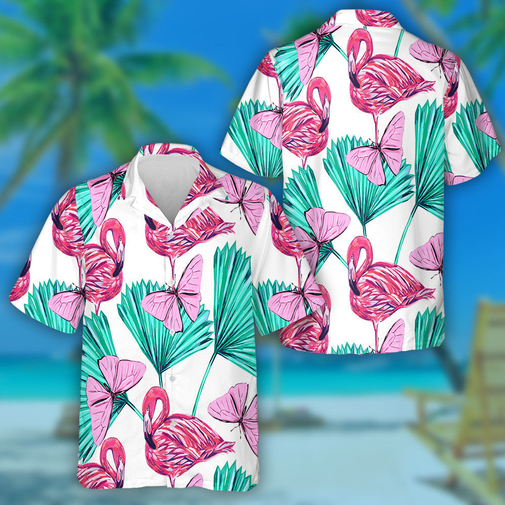 Beautiful Flaminggo With Tropical Palm And Butterfly Hawaiian Shirt, Hawaiian Shirt Gift, Christmas Gift