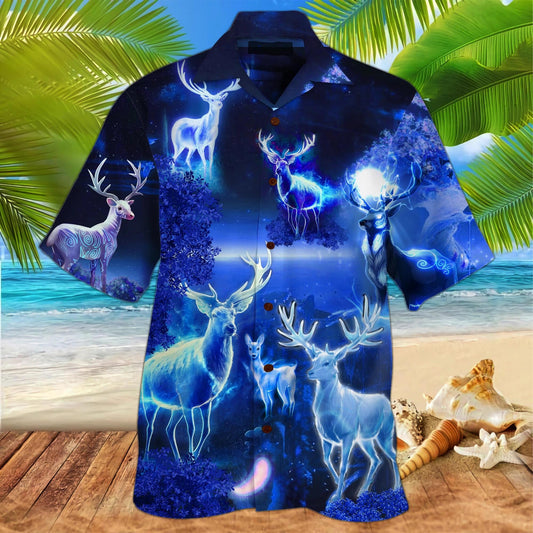 Snow White Deer Navy Background Pattern Hawaiian Shirt,Hawaiian Shirt Gift, Christmas Gift