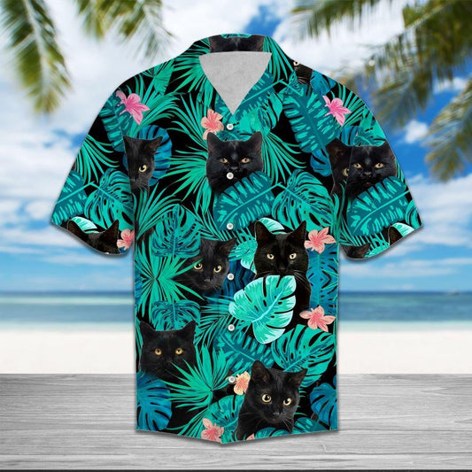 Black Cat On Tropical Jungle Design Hawaiian Shirt, Hawaiian For Gift