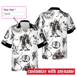 Custom Name Black And White Hockey Player Hawaiian Shirt, Hawaiian Shirt Gift, Christmas Gift