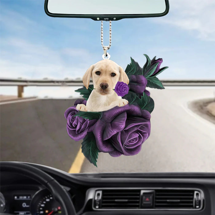 Yellow Labrador In Purple Rose Car Hanging Ornament, Christmas Decoration