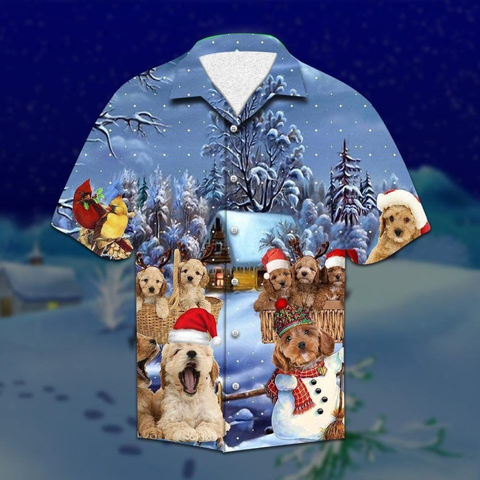 Cute Brown Cockapoo And Cute Birds On Christmas Hawaiian Shirt, Hawaiian Shirt Gift, Christmas Gift