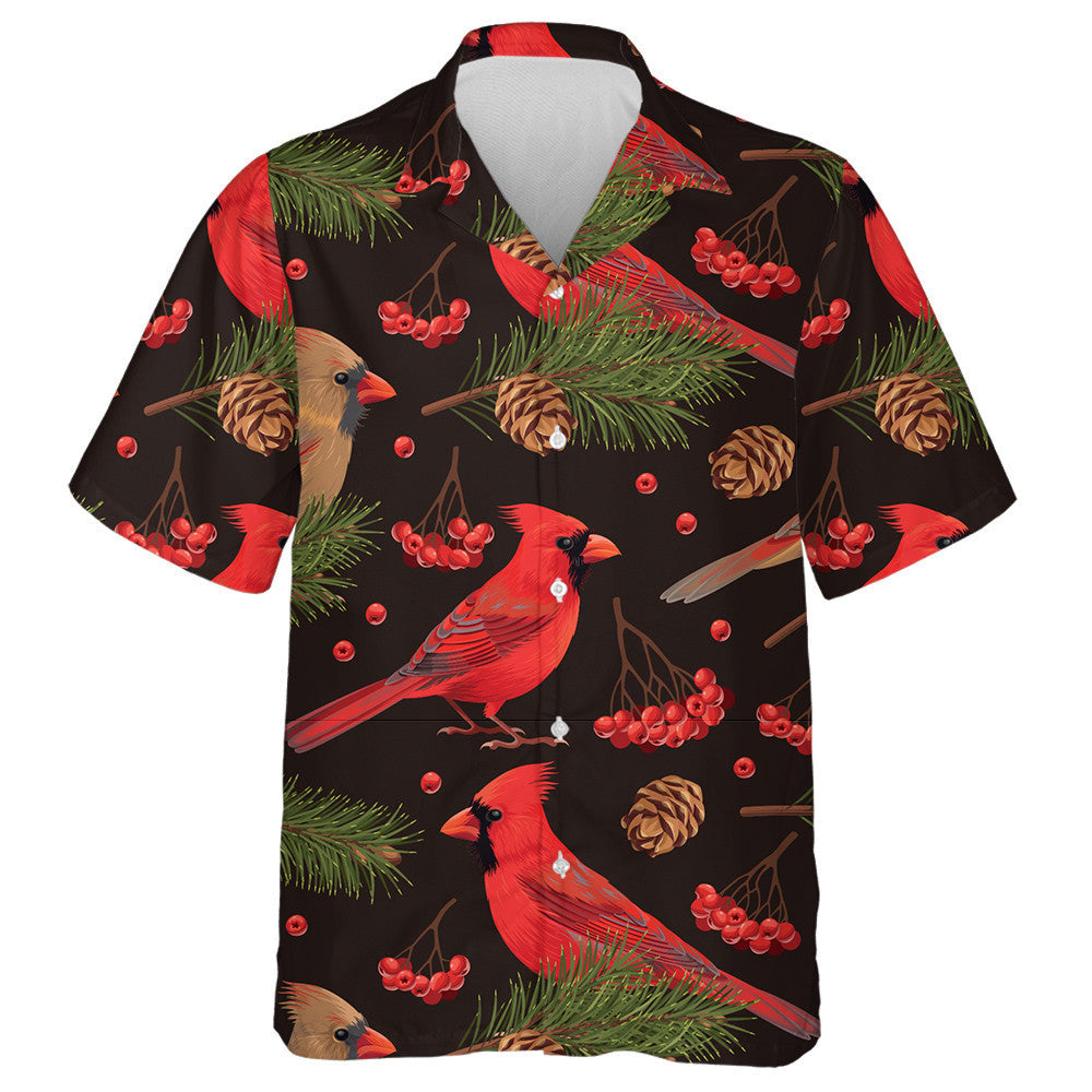 Hand Drawn Red Cardinal Bird And Spruce Hawaiian Shirt, Hawaiian Shirt Gift, Christmas Gift