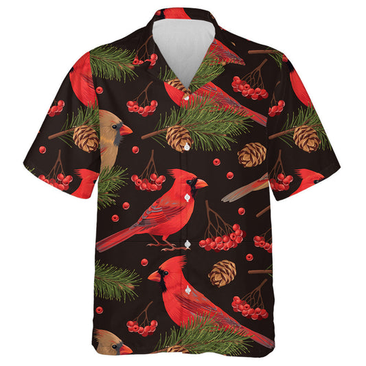 Hand Drawn Red Cardinal Bird And Spruce Hawaiian Shirt, Hawaiian Shirt Gift, Christmas Gift