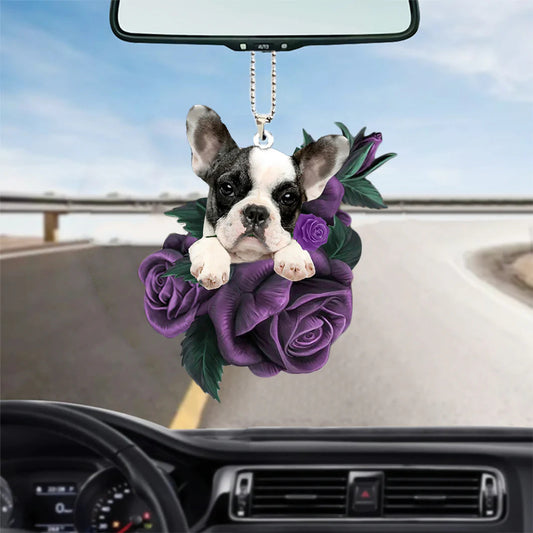 French Bulldog In Purple Rose Car Hanging Ornament, Dog Car Hanging Ornaments, Christmas Decoration