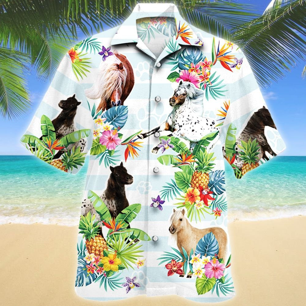 Striped Pattern Miniature Horse Tropical Flower Hawaiian Shirt, Hawaiian Shirt Gift, Christmas Gift
