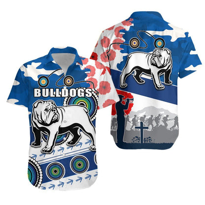 Bulldogs Anzac Day Hawaiian Aloha Shirt Mix Indigenous K13 Hawaiian Shorts Beach Short Sleeve,Hawaiian Shirt Gift, Christmas Gift