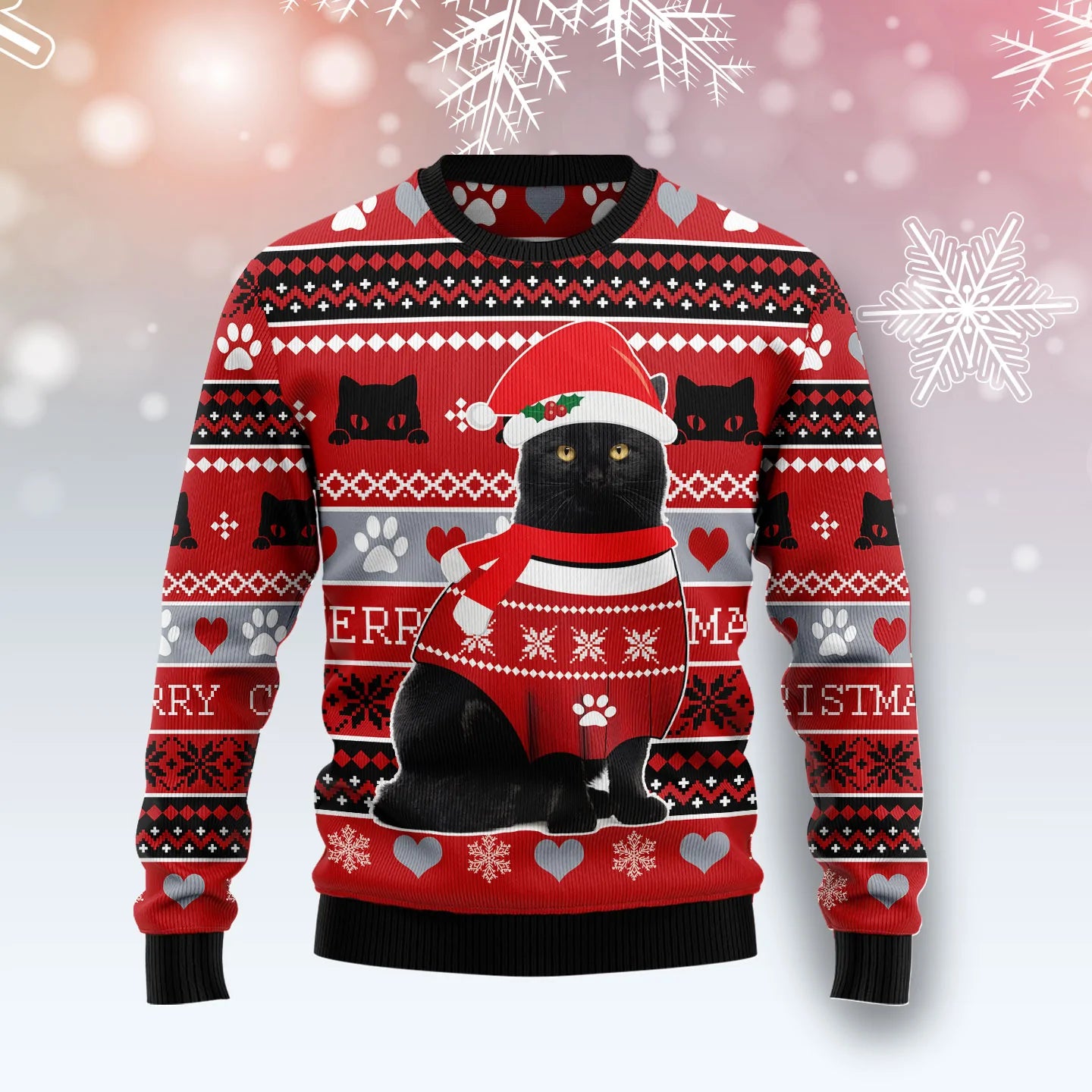 Cat Dubh Patrún na Nollag mná &amp; fir unisex, meaitseáil lánúin, cairde, teaghlaigh greannmhar bronntanais geansaí gránna saoire na Nollag