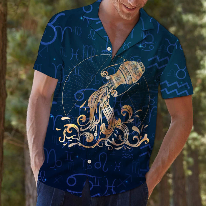 Amazing Aquarius Zodiac Symbol On Blue Pattern Hawaiian Shirt, Hawaiian Shirt Gift, Christmas Gift