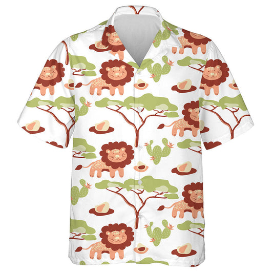 Cactus Trees And Lion On White Background Hawaiian Shirt, Hawaiian Shirt Gift, Christmas Gift