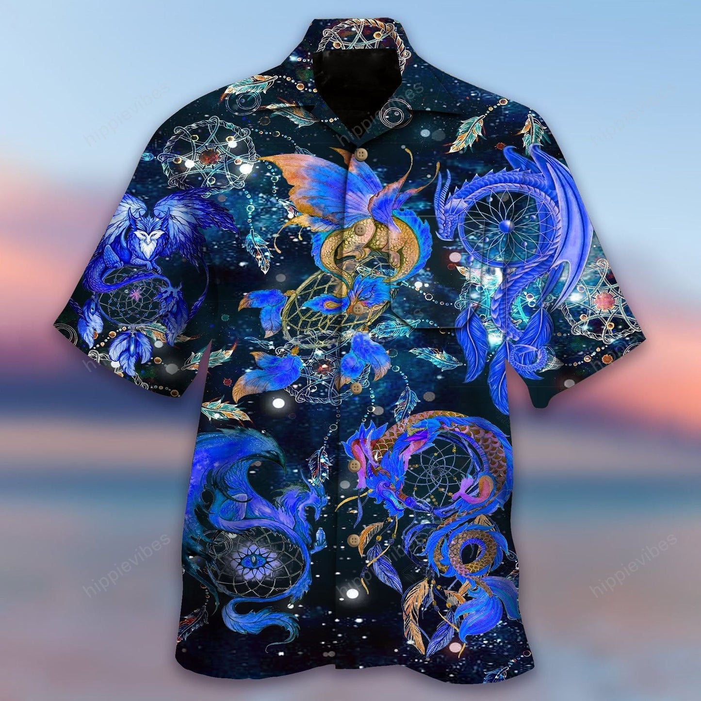 Dreamcatcher Dragon Blue Neon In Black Hawaiian Shirt,Hawaiian Shirt Gift, Christmas Gift