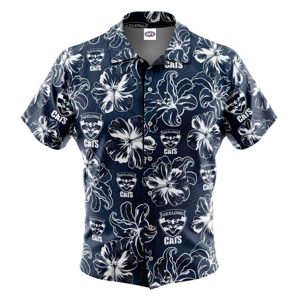 Geelong Cats Hibiscus Hawaiian Aloha Shirt Hawaiian Shorts Beach Short Sleeve, Hawaiian Shirt Gift, Christmas Gift