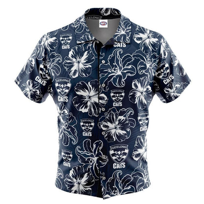 Geelong Cats Hibiscus Hawaiian Aloha Shirt Hawaiian Shorts Beach Short Sleeve, Hawaiian Shirt Gift, Christmas Gift
