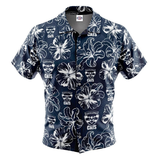 Geelong Cats Hibiscus Hawaiian Aloha Shirt Hawaiian Shorts Beach Short Sleeve, Hawaiian Shirt Gift, Christmas Gift