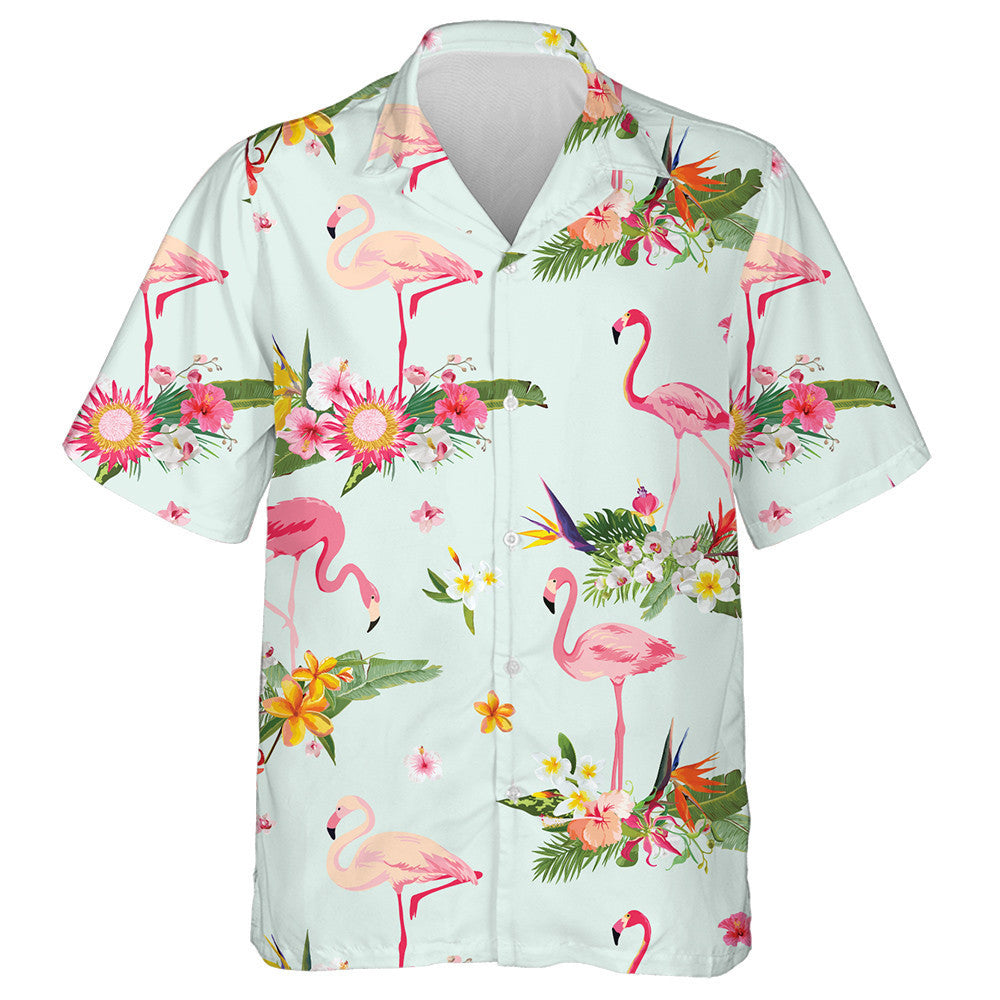 Flamingo Bird And Colorful Tropical Flowers Hawaiian Shirt,Hawaiian Shirt Gift, Christmas Gift