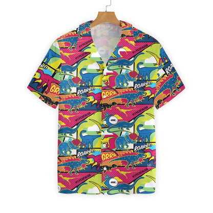 Colorful Comic Dinosaur View Pattern Hawaiian Shirt, Hawaiian For Gift