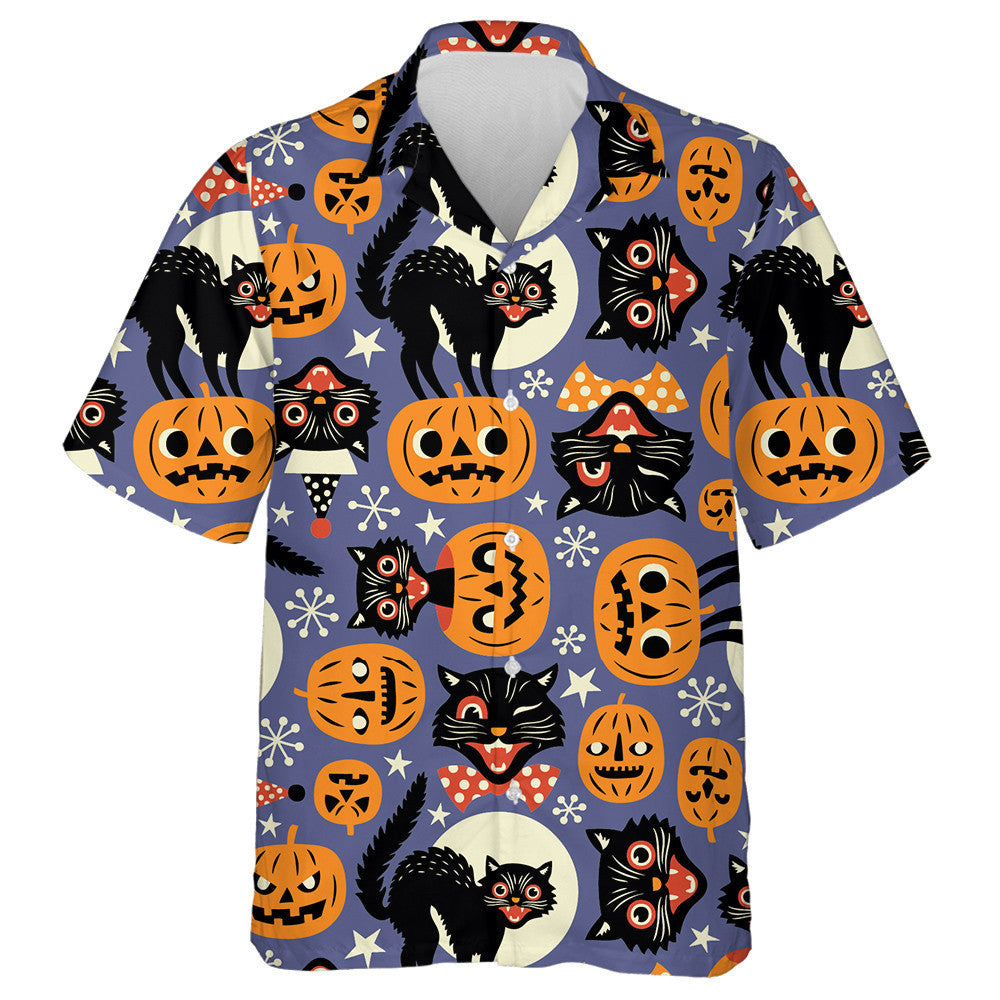 Vintage Spooky Cats And Halloween Pumpkins Hawaiian Shirt, Hwaiian For Gift