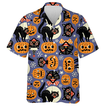 Vintage Spooky Cats And Halloween Pumpkins Hawaiian Shirt, Hwaiian For Gift
