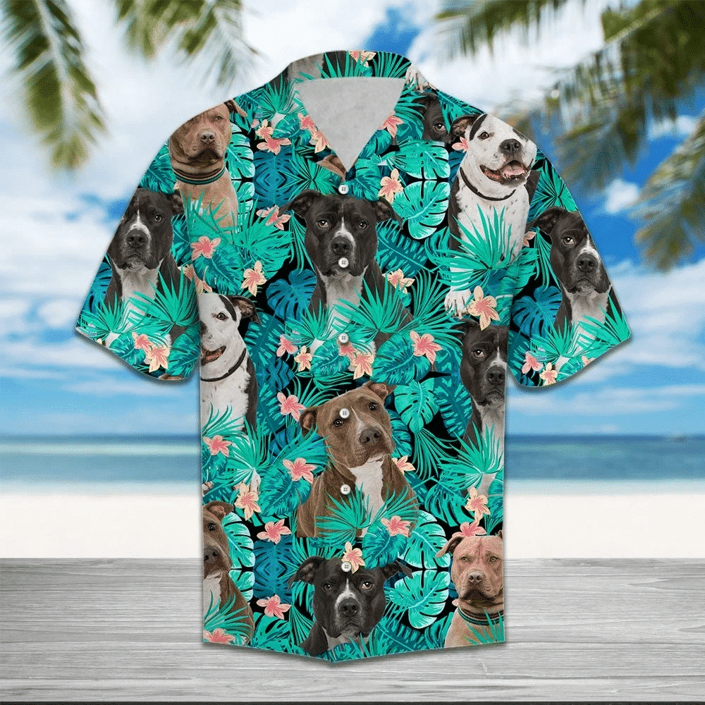 American Pitbull Terrier With Tropical Leave Hawaiian Shirt, Hawaiian For Gift