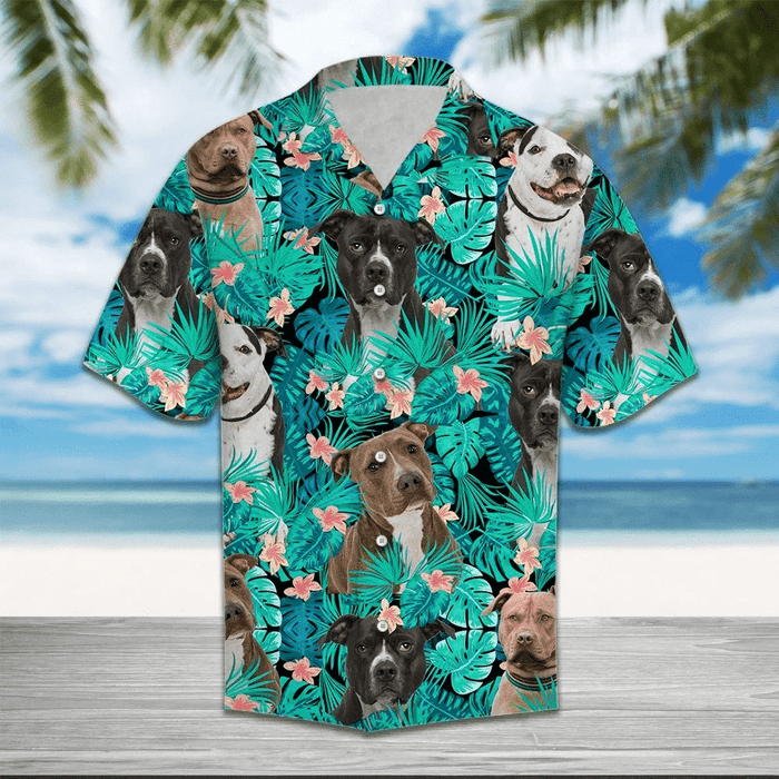 American Pitbull Terrier With Tropical Leave Hawaiian Shirt, Hawaiian For Gift