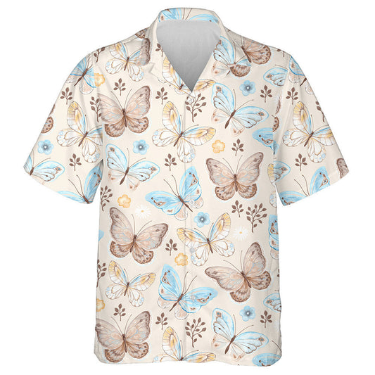 Flying Butterflies And Flowers In Blue Brown Hawaiian Shirt, Hawaiian Shirt Gift, Christmas Gift
