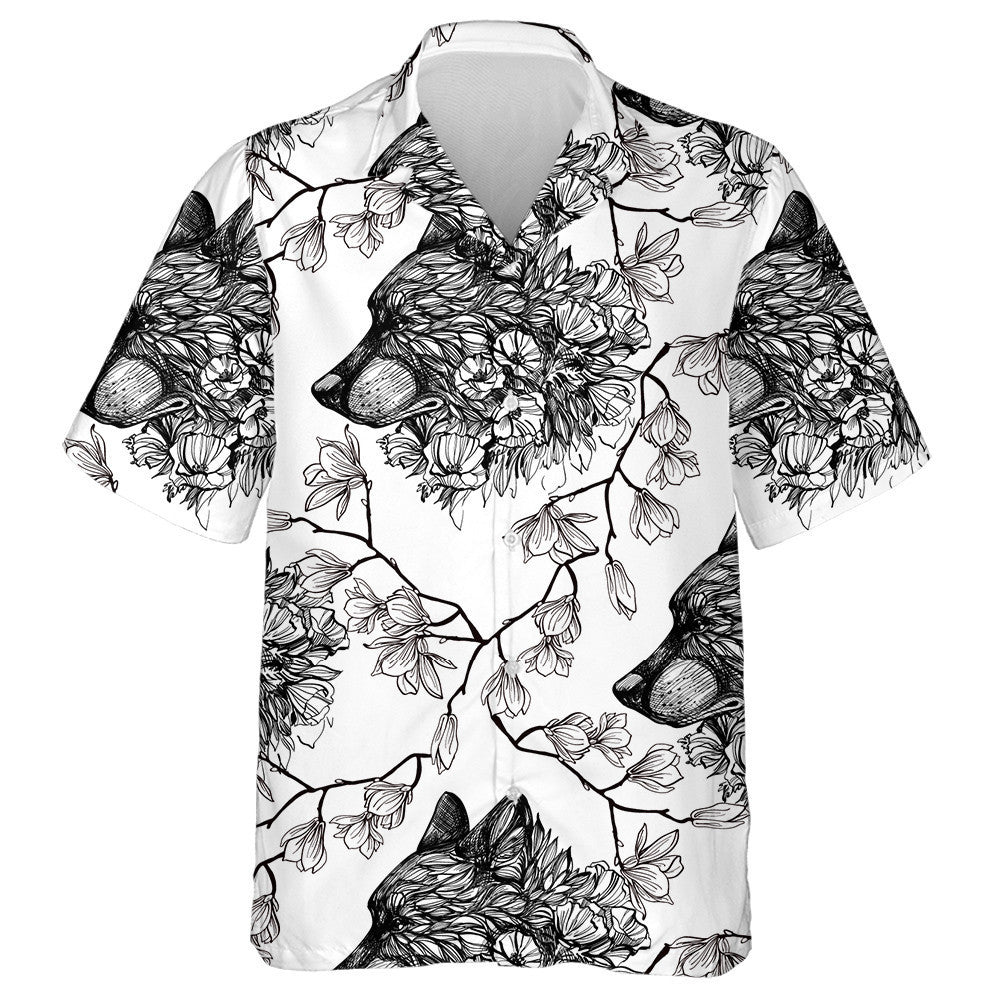 Nature Flowers And Black Wolfs Head Hawaiian Shirt,Hawaiian Shirt Gift, Christmas Gift