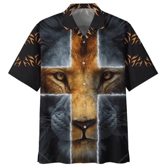 Cross And Lion Background Design Hawaiian Shirt,Hawaiian Shirt Gift, Christmas Gift