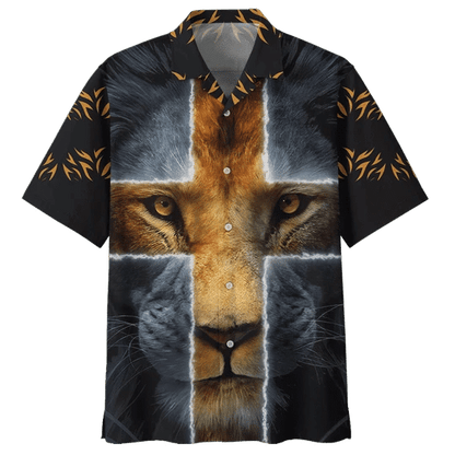 Cross And Lion Background Design Hawaiian Shirt,Hawaiian Shirt Gift, Christmas Gift