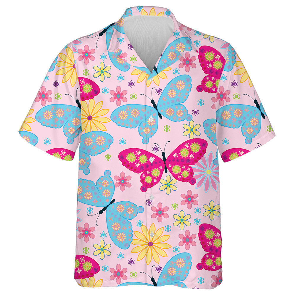 Hand Drawn Funny Flowers And Butterflies Hawaiian Shirt, Hawaiian For Gift