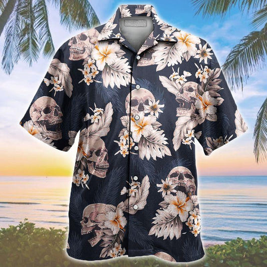 Skull Tropical Plants Plumeria Navy Theme Design Hawaiian Shirt, Hawaiian Shirt Gift, Christmas Gift