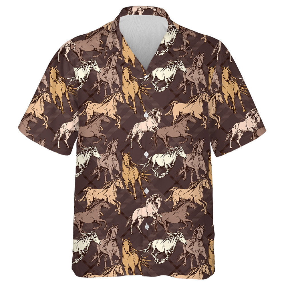 The Running Beautiful Horses On A Brown Checkered Hawaiian Shirt, Hawaiian Shirt Gift, Christmas Gift