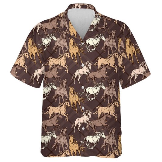 The Running Beautiful Horses On A Brown Checkered Hawaiian Shirt, Hawaiian Shirt Gift, Christmas Gift