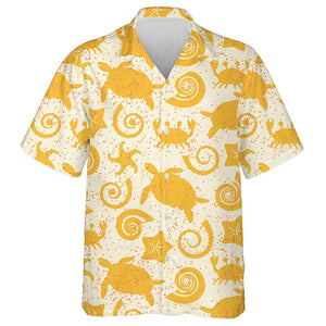 Abstract Yellow Turtles Crabs Stars And Shells Hawaiian Shirt, Hawaiian Shirt Gift, Christmas Gift