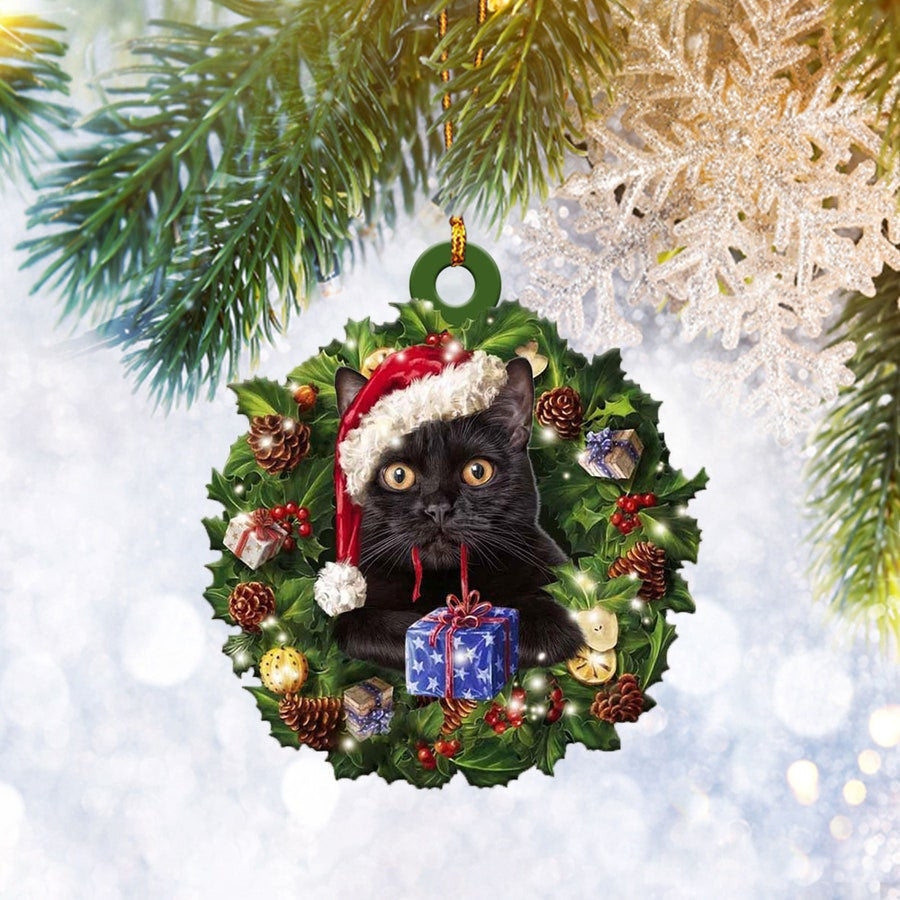 Black Cat Christmas Wreath Ornament Flat 2D, Pet Cat Lover Gifts, Christmas Tree Ornament, Home Decor Plastic Ornament, Christmas Ornament Gift, Christmas Gift, Christmas Decoration